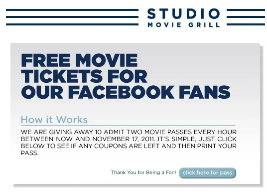 Facebook Contest: 2 Free Studio Movie Grill Tickets