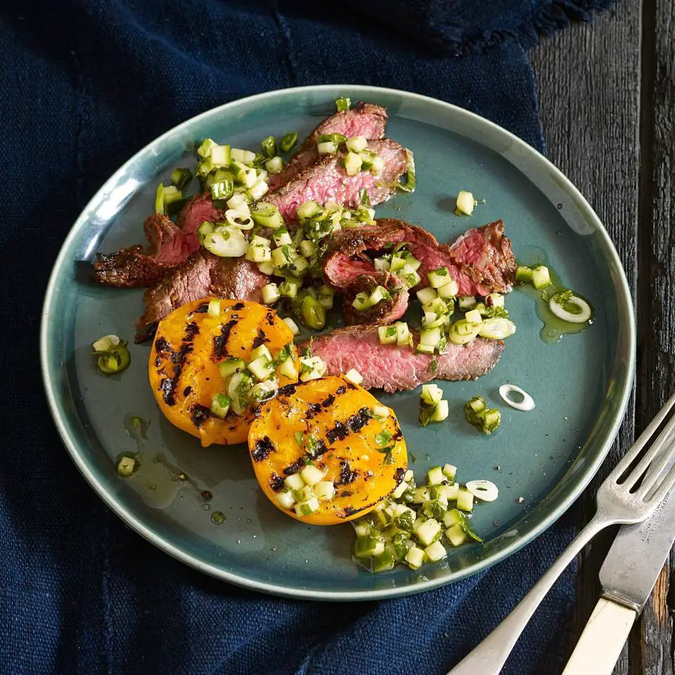 Flank Steak with Grilled Tomatoes &  Cucumber Herb Relish Recipe ...
