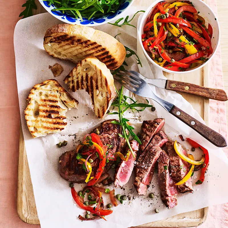 Grilled lamb with pepperonata and garlic toast