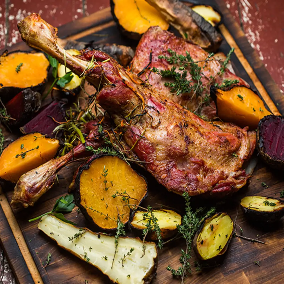 Grilled leg of lamb with roasted vegetables
