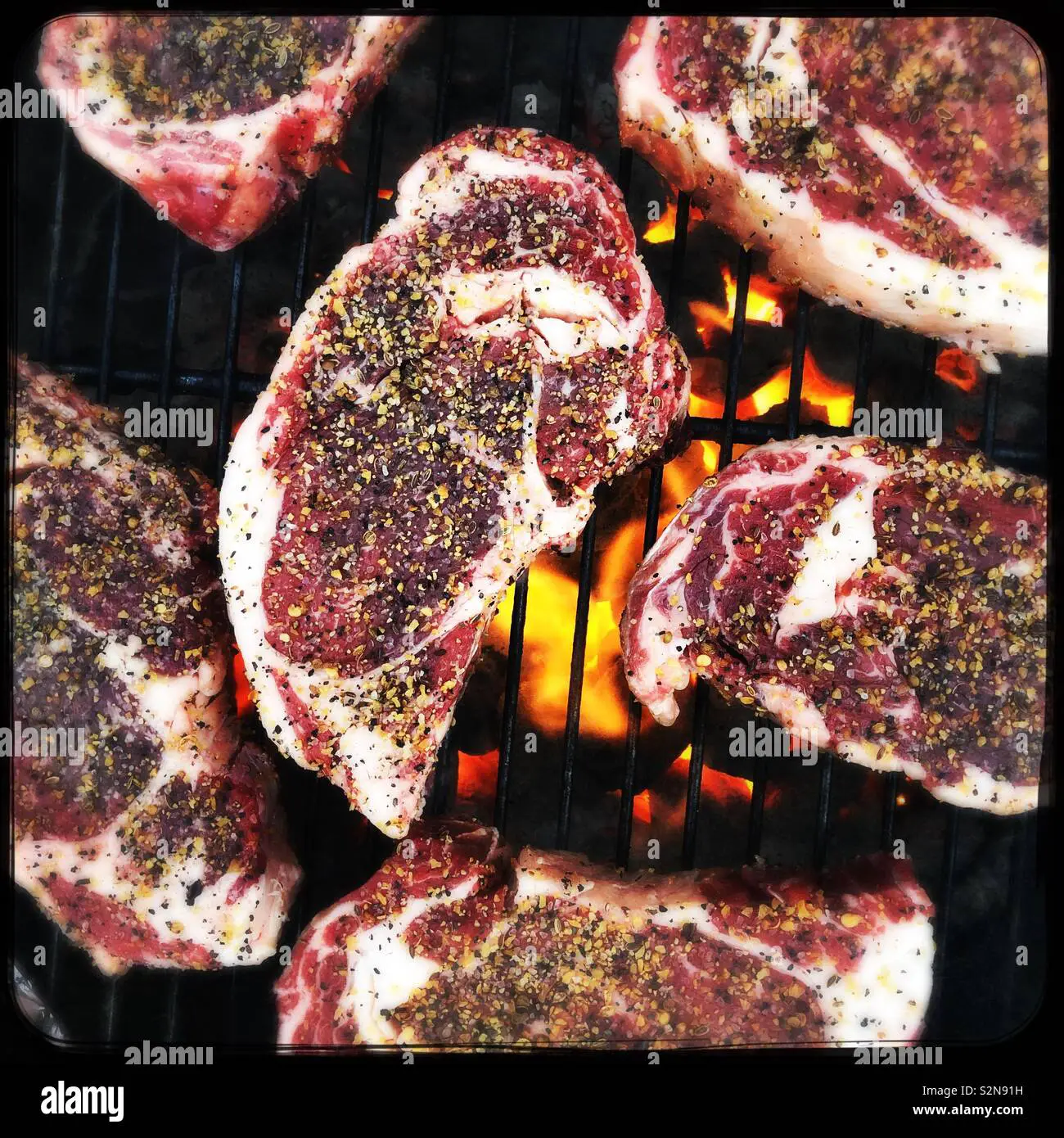 Ribeye Steaks on the Charcoal Grill Stock Photo