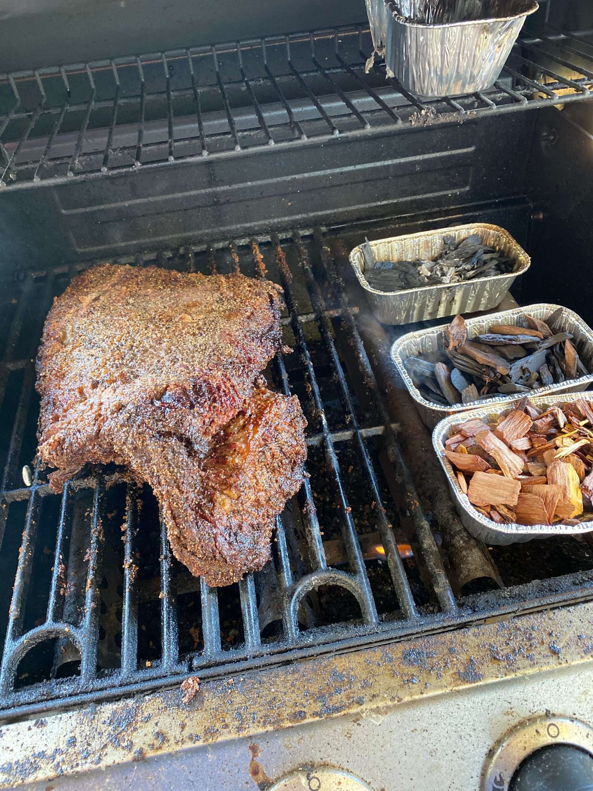 Smoking a brisket on a gas grill. About 6 hours in. This ...